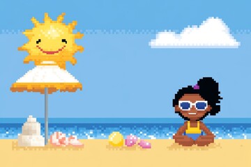 Fototapeta premium A girl is sitting on the beach with a sun umbrella in front of her, pixel art 8 bit