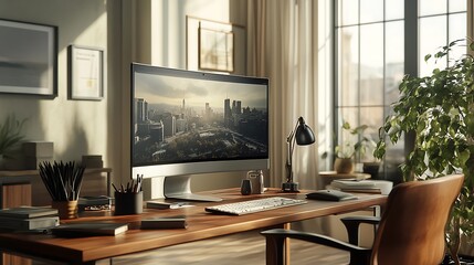 Fototapeta premium A modern workspace with a city view, featuring a computer and plants for a productive atmosphere.