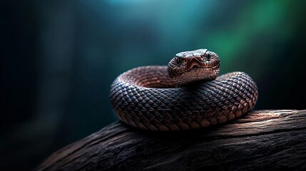 Obraz premium Close-up of a coiled snake resting on a log