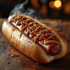 Detailed shot of a hot dog topped with mustard and ketchup, highlighting its deliciousness.
