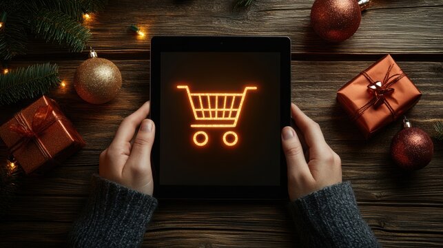 Glowing shopping cart hologram digital sale promotion poster design for holiday shopping season.