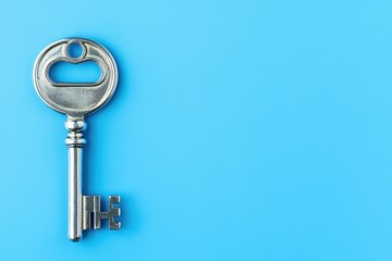 Silver key on blue background, minimalistic concept, top view