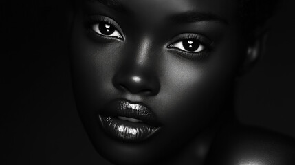 Monochrome artistry captures the allure of a striking visage, highlighting deep features and radiant skin against a rich, shadowed backdrop.