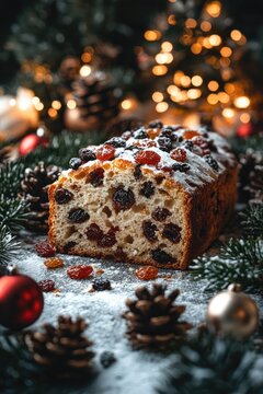 Christmas fruitcake sprinkled with icing sugar on festive table