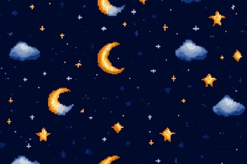 Naklejka premium Pixel art night sky with moons, stars, and clouds pattern