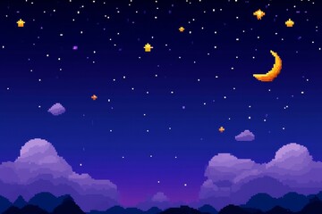 Naklejka premium Pixel art night sky with stars, crescent moon, and clouds