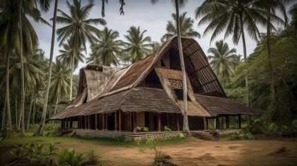 Traditional thatched-roof house nestled within a tropical rainforest, featuring a unique architectural design, surrounded by lush greenery and palm trees.