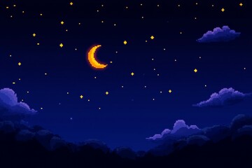 Pixel art night sky with crescent moon and stars