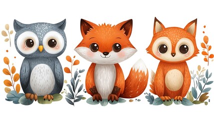 Obraz premium Adorable Foxes Owl Autumn Setting Illustration