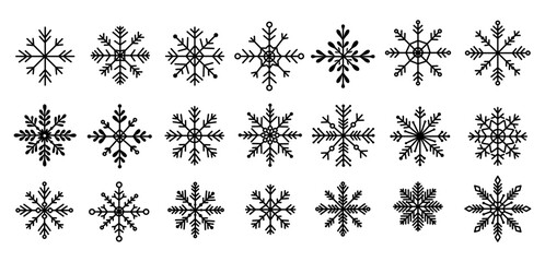 Linear set of icons with snowflakes black on white background.