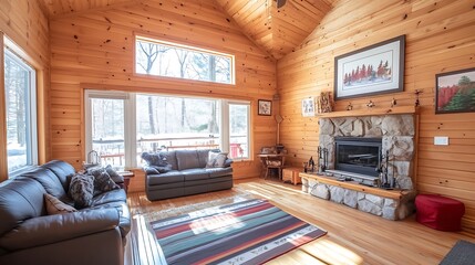 Cozy living room with wood walls, stone fireplace, and large windows offering natural light.