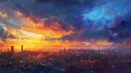 vibrant sunrise over a bustling cityscape, symbolizing prosperity and accomplishment. generative ai