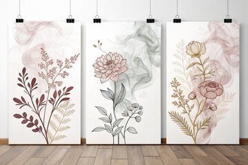 Minimalist botanical floral vertical illustration poster, Isolated Background.