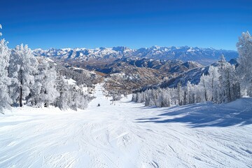 Obraz premium Snow grooming machines preparing ski slopes in a sunny winter mountain landscape