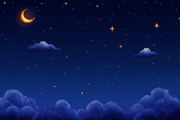 Fototapeta premium Pixel art night sky with crescent moon and stars on a clear evening