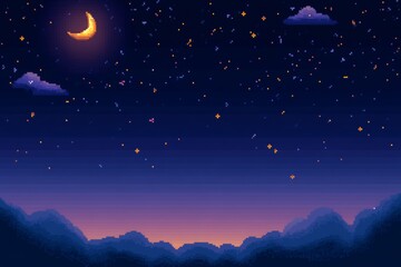 Fototapeta premium Pixel art night sky with crescent moon and stars over mountains