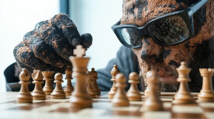 This evocative image shows a chess player deeply contemplating the next move, with their hand poised over the pieces on a classic wooden chessboard in natural light.