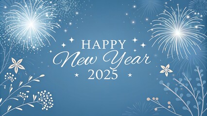 We wish you a Happy New Year 2025 event greeting card design template with light sparkle firework on blue background. New Year 2025 start concept. JPG, AI GENERATED