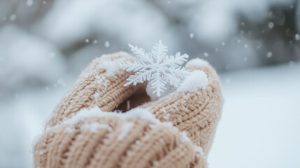 Obraz premium A close-up of snowflakes delicately resting on a woolen mitten, with a blurred snowy background adding a tranquil winter charm.