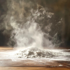 Obraz premium Culinary Delight: White Flour Being Sifted on a Wooden Surface in a Kitchen