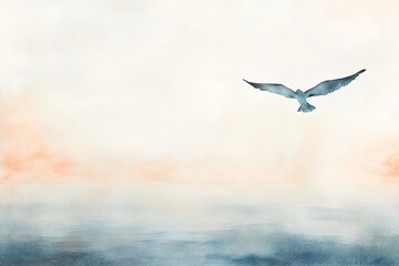 Obraz premium Seagull flying over serene watercolor sea at dawn