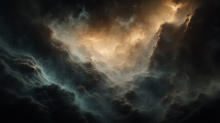 Obraz premium Dramatic dark cloudscape with glowing light piercing through, creating a mystical and powerful atmosphere.