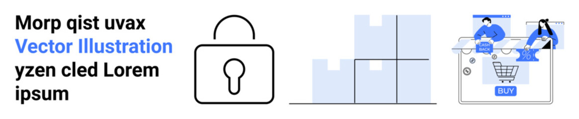 Lock symbol, stacked boxes, two people managing an online shopping cart with package icons. Ideal for cybersecurity, e-commerce, logistics, shipping, online shopping, supply chain stock management