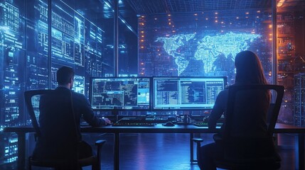 Futuristic security operations center with IT specialists monitoring global digital networks. Holographic world map and multiple screens display cybersecurity data