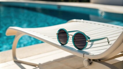 Obraz premium Stylish turquoise sunglasses with dark lenses sit on a white poolside lounger, offering a relaxing view of a sparkling blue swimming pool, evoking a sense of summer vacation and leisure