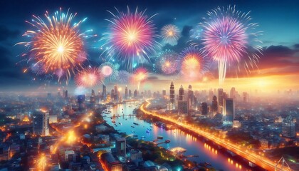 Fototapeta premium dazzling fireworks exploding in vibrant colors over peaceful city skyline, creating joyful atmosphere