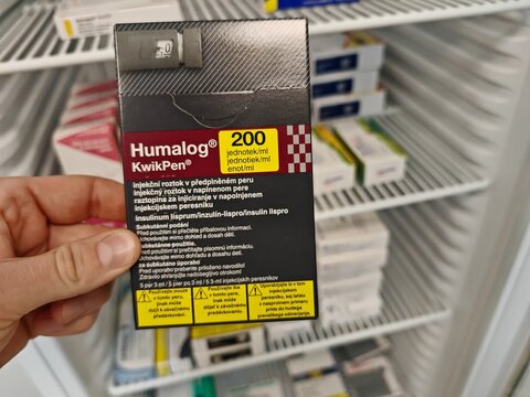 Prague,Czech Republic-December 6 2024: HUMALOG KWIKPEN with INSULIN LISPRO active substance by ELI LILLY, used for diabetes management.	
