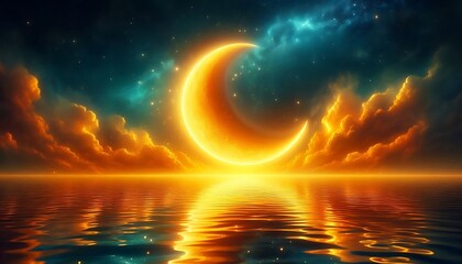 radiant golden crescent moon reflected in glowing, calm ocean waters under tranquil starry night