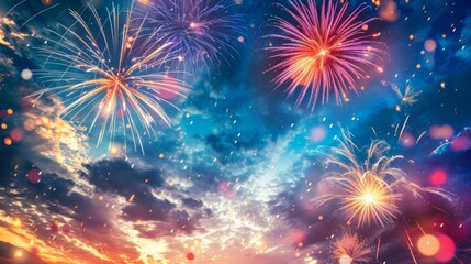 Fototapeta premium Fireworks night sky background illustration