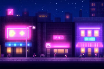Fototapeta premium Neon-lit pixel art cityscape at night with illuminated buildings and starry sky