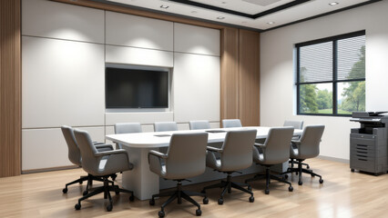 Acoustic boardroom meeting room with office chairs around a conference table.