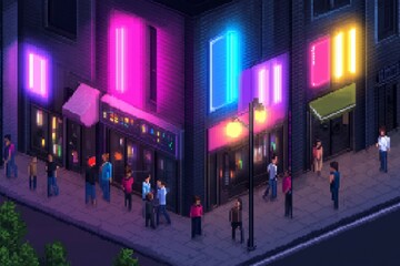 Nightlife in the city with neon lights and diverse crowd on street