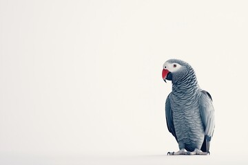 Grey parrot standing on white background in minimalist photography