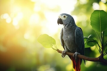 Obraz premium African grey parrot perched on branch in lush green forest