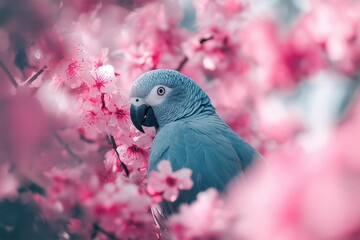 Fototapeta premium African grey parrot posing among pink blossom flowers