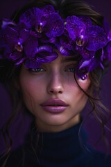 A mysterious portrait featuring a model with her eyes artistically replaced by dark violet orchid blooms