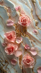 A luxurious white marble swirled with liquid gold, adorned with pink roses and petals, perfect for wedding or festive use 
