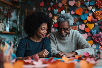 Fototapeta premium Senior Black couple creating a DIY Valentine’s craft together with colorful paper hearts. 