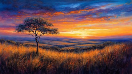 Fototapeta premium Lone Tree Silhouetted Against a Vibrant Sunset Over Rolling Hills