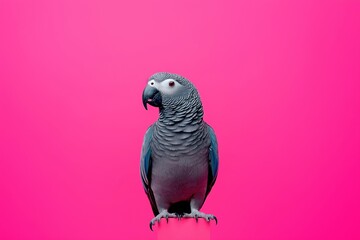 Obraz premium African grey parrot sitting on pink background: minimalist pet photography