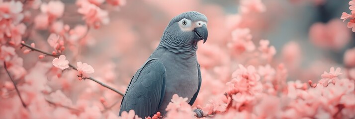 Obraz premium African grey parrot perched among pink blossoms