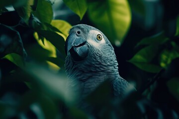 Obraz premium African grey parrot hiding in lush green foliage