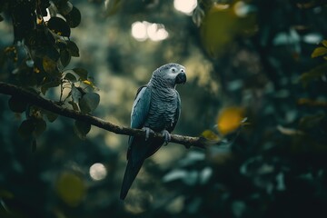 Obraz premium African grey parrot perching on branch in lush forest