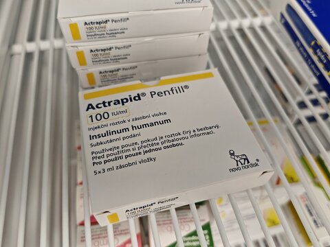 Prague, Czech Republic -December 6 2024: ACTRAPID PENFILL with HUMAN INSULIN active substance by NOVO NORDISK, used for short-acting blood sugar control.	
