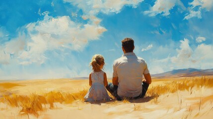 Fototapeta premium Father and daughter sitting on sand dune