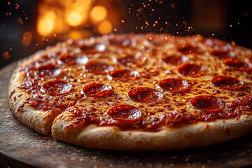 Perfect pepperoni pizza with melted cheese and crispy crust in dramatic light